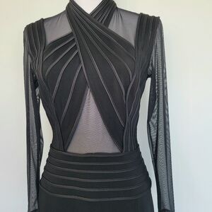 TADASHI Vintage Black Sheer Mesh Long Sleeves Front Slit Formal Gown Size Large